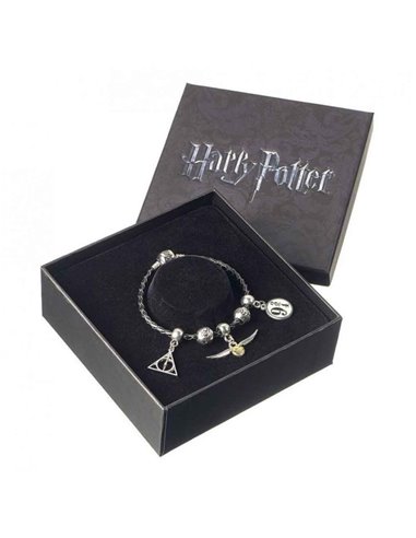 Harry Potter Charm Set Black Leather Bracelet - Deathly Hallows, Snitch, Platform 9 3/4