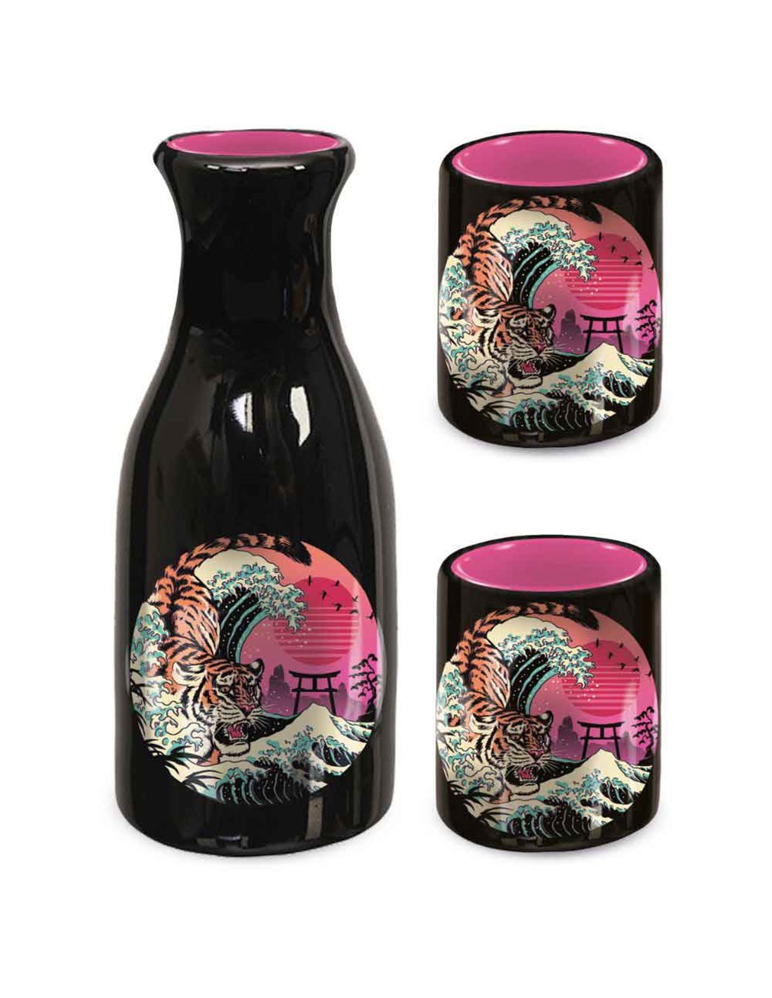 Vincent Trinidad (red Tiger Wave) Saki Bottle & 2 Saki Cups-Adrion LTD